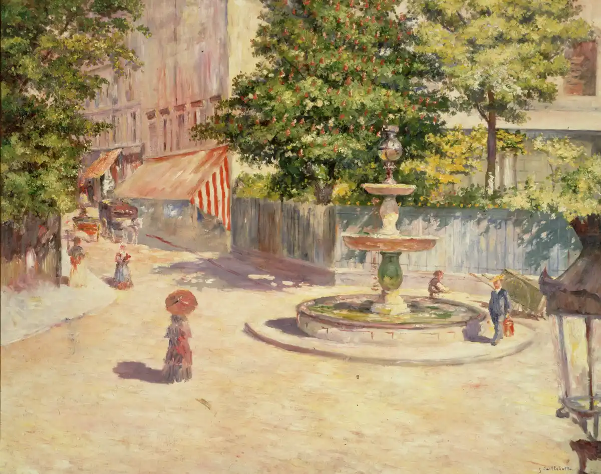 La Place Saint-Georges a painting of a fountain with people around it.