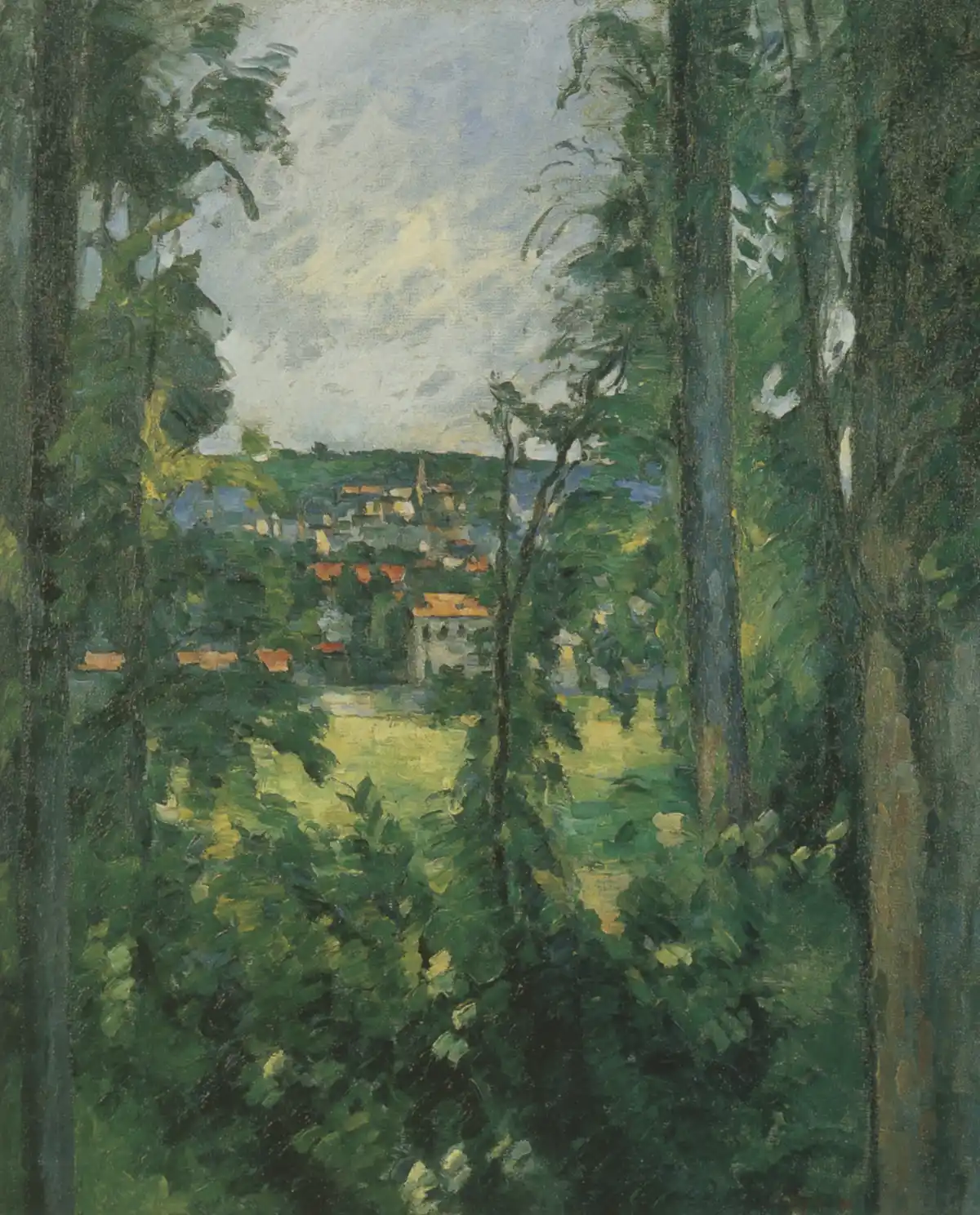 "Auvers-sur-Oise, Vu des Environs" by Paul Cezanne, an Impressionist style oil painting of a view of houses through trees.