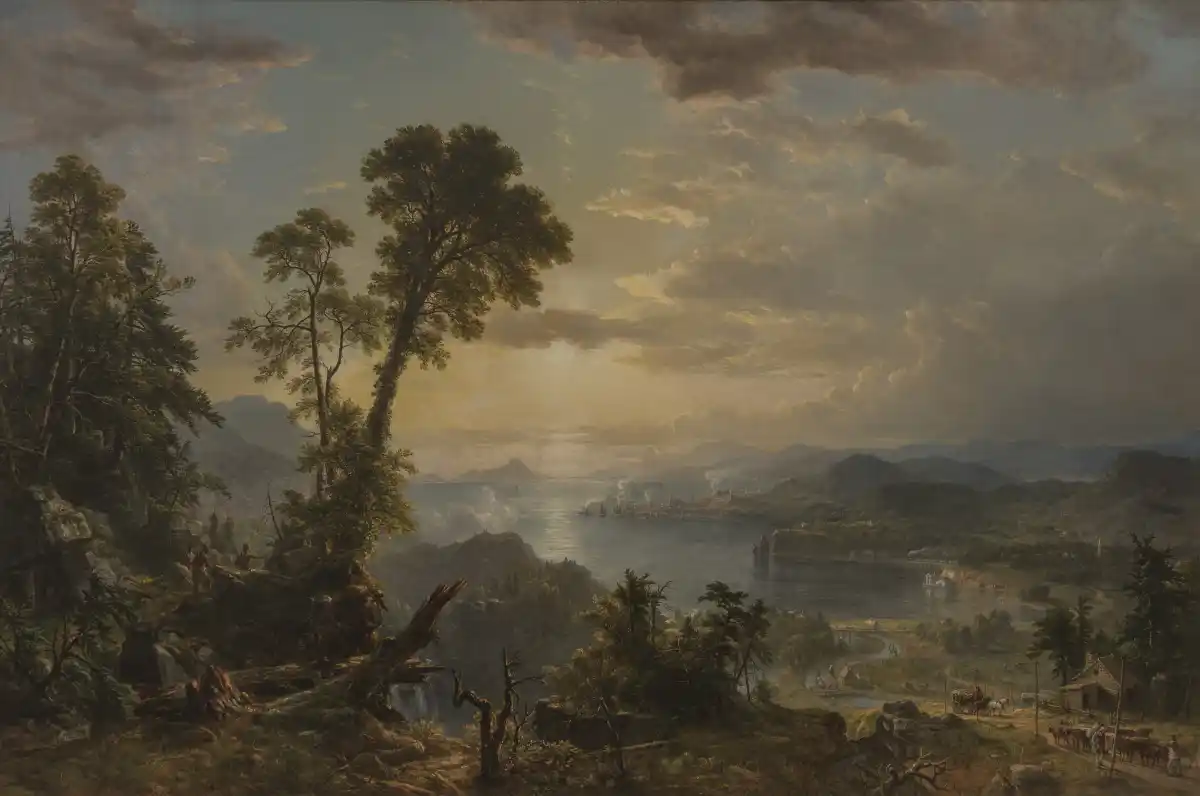 "Progress (The Advance of Civilization)" by Asher B. Durand, a landscape painting with a distant view of sunrise over water.
