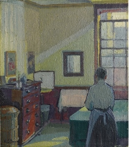 Interior Mrs Mounter a painting of a woman in a room by Harold Gilman