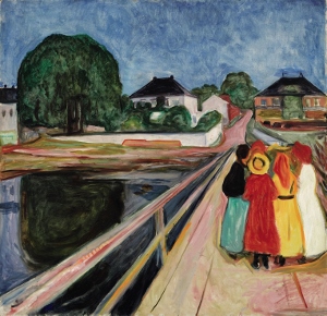 Girls on the Bridge a painting of women walking across a bridge by Edvard Munch