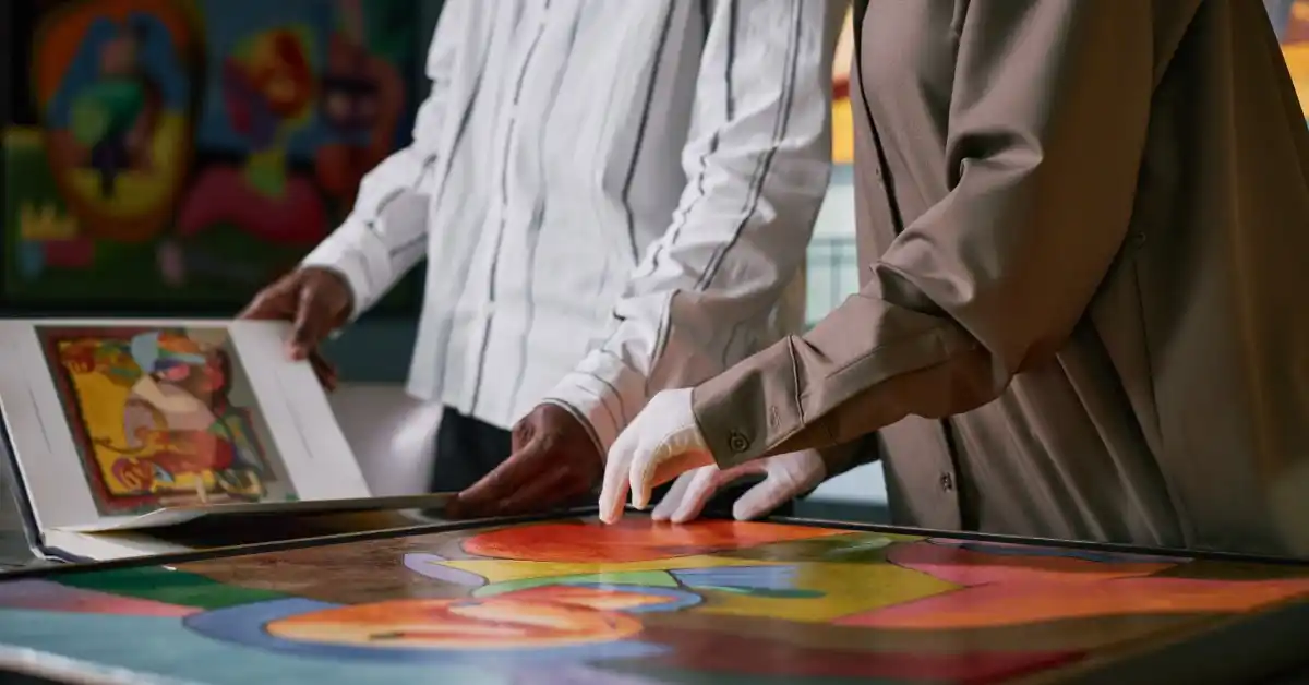 A close-up of two people standing next to each other, examining art in a frame and a nearby book with their hands.