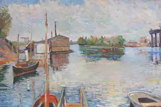 Asni&egrave;res, les bateaux aux Bains Baillet a painting of boats at a dock