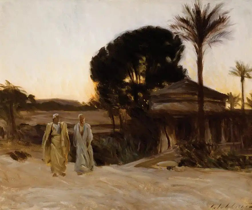 Sunset at Cairo a painting of two men at a village desert