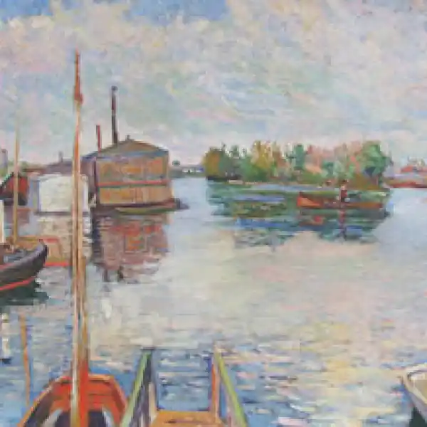 Asni&egrave;res, les bateaux aux Bains Baillet a painting of boats at a dock