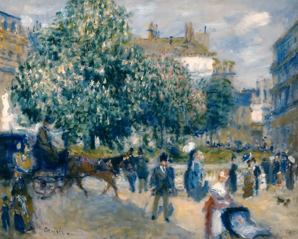 Place de la Trinite a painting of a city street with people walking